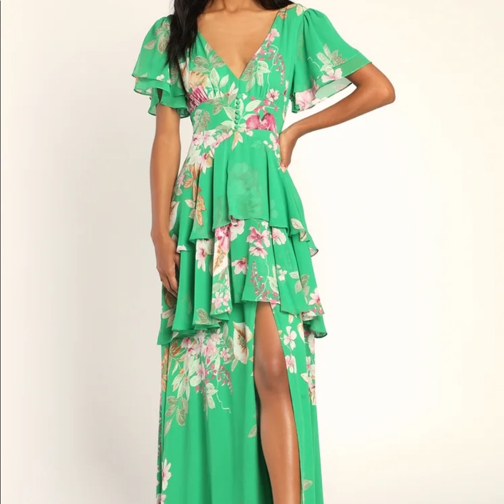 NWT Lulu’s Midnight Mood Floral Chiffon Maxi Dress in Gorgeous Green